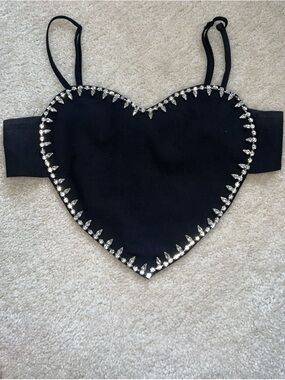 Black Heart Crop Top with Rhinestone Trim